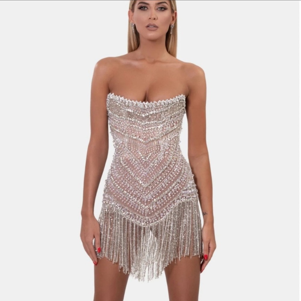 Albina Dyla Pearl and Crystal Fringe Corset Dress
